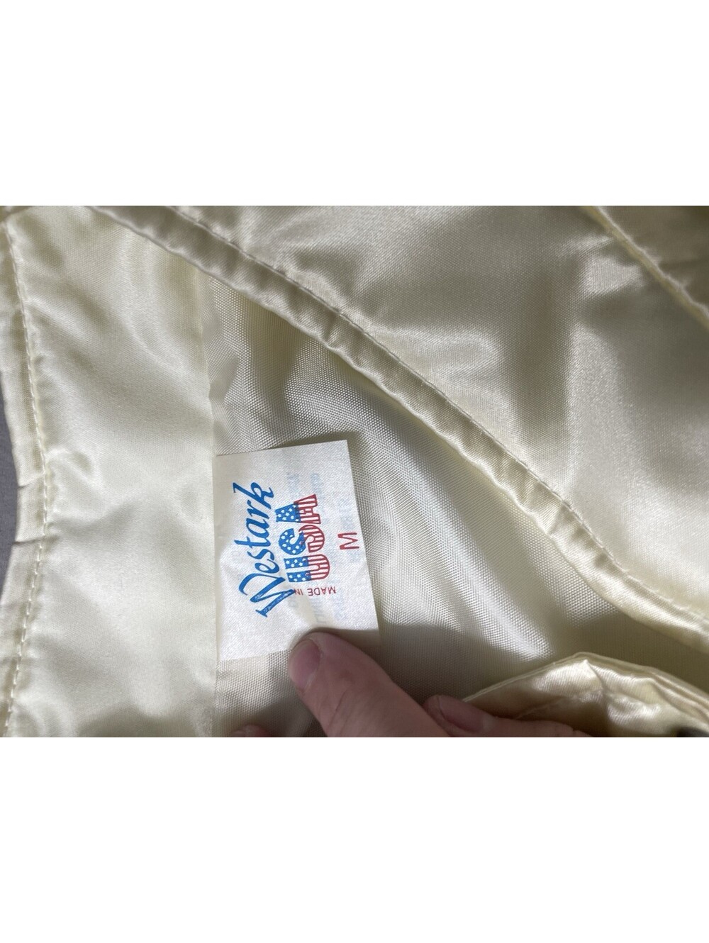 Vintage Westark Satin Varsity Jacket USA Cream/ White Bomber 90s Streetwear M - Picture 2 of 8